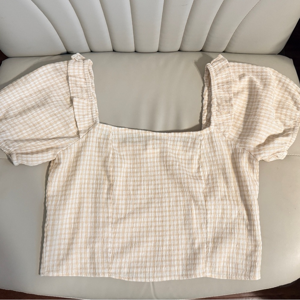 Elegant Cream Checkered Puff Sleeve Blouse